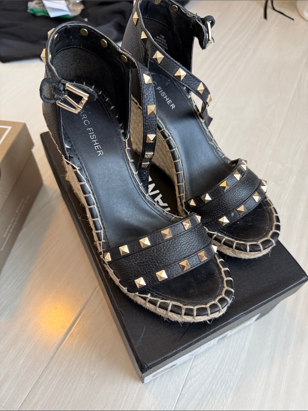 Marc Fisher Black Studded Espadrille Wedge Sandals with Gold Accents